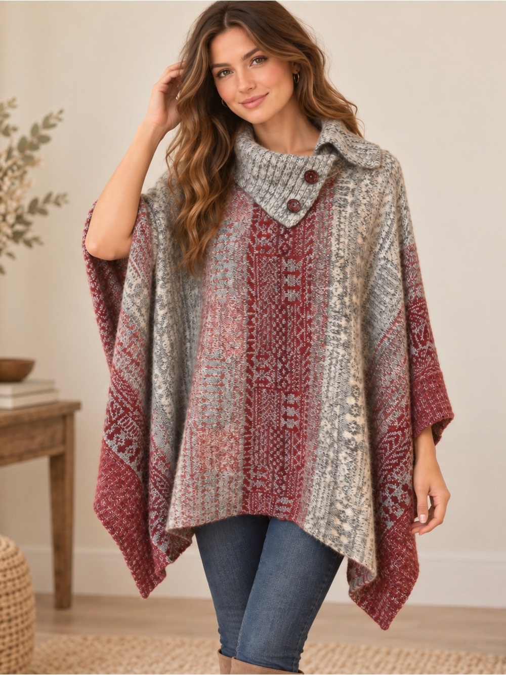 Free People • Willow Diamond Knit Poncho Sweater • Red/Gray • Size M